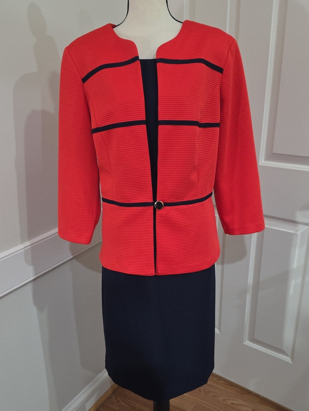 Danny & Nicole 2-Piece Jacket Dress Set - Red-Orange & Navy Career Suit- Size 16